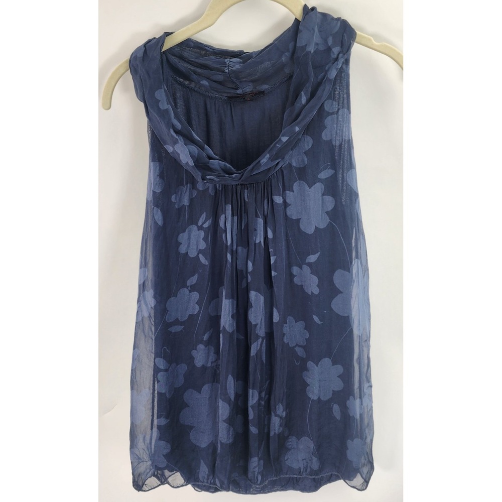 Carla Conti Silk Floral Sleeveless Top Women's S Navy Italy Cowl Neck Lined
